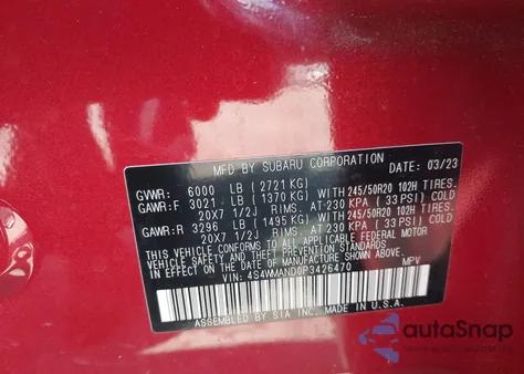 2023 Subaru Ascent Limited 8-Passenger z USA, uszkodzony, nr VIN 4S4WMAND0P3426470